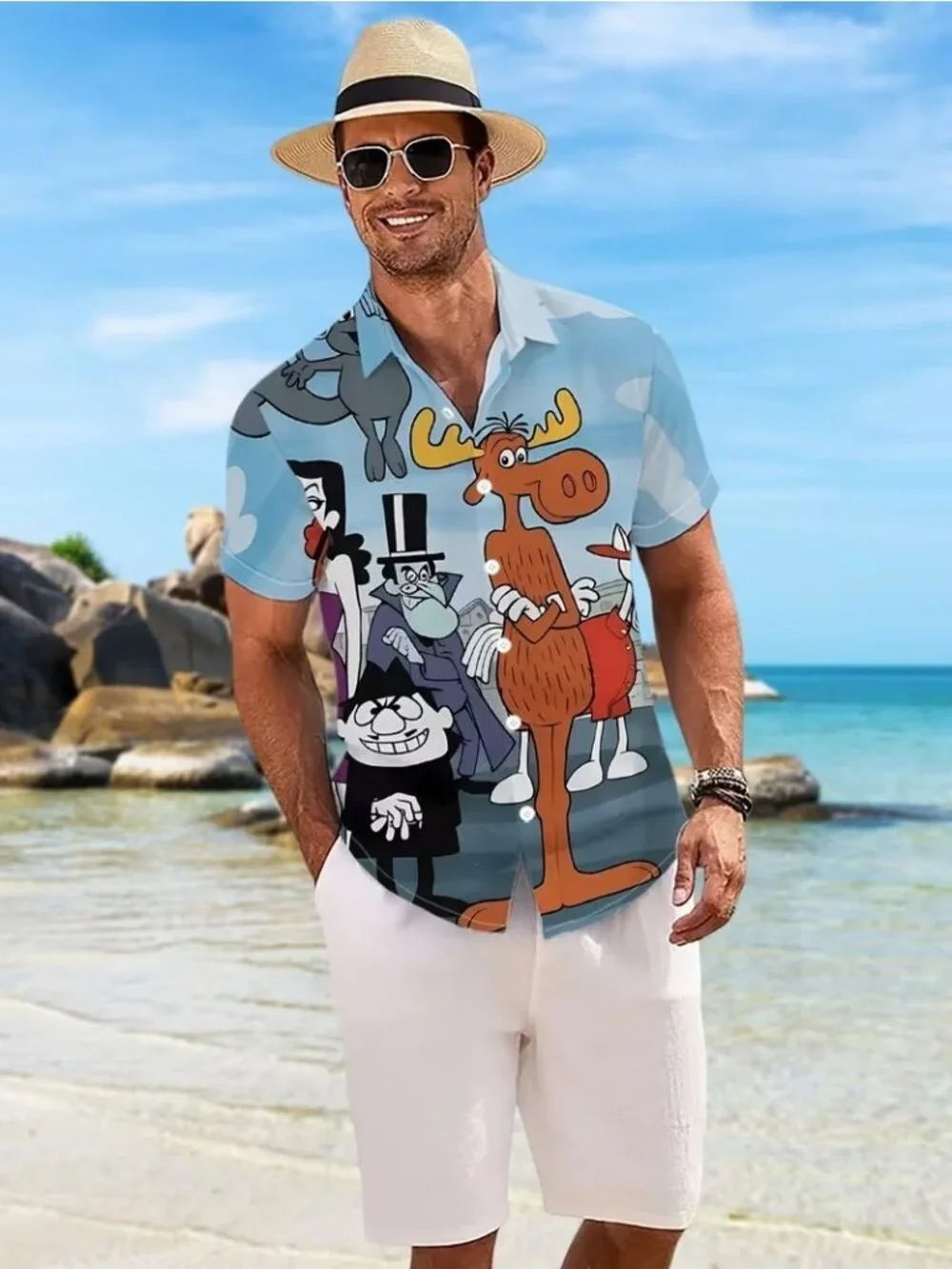 Rocky & Bullwinkle Cartoon Button Front Shirt Men's XXXL Retro Hawaiian NEW